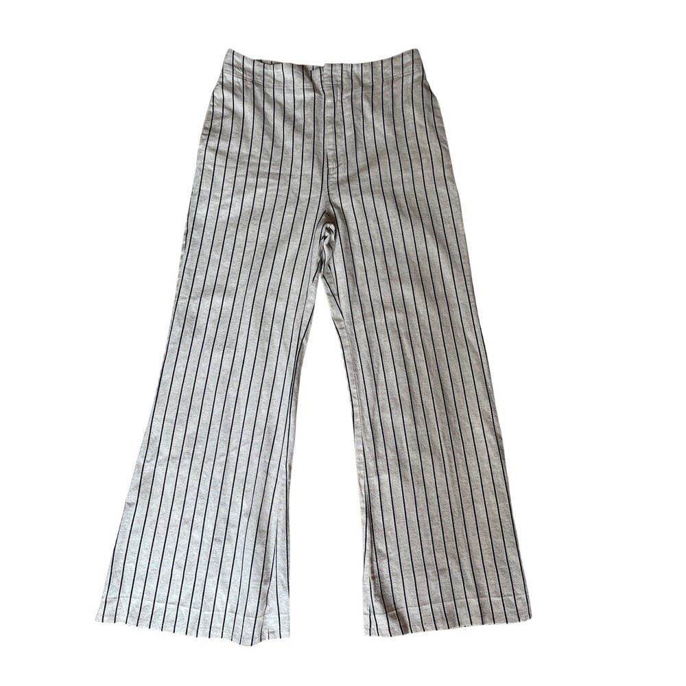 Free People Pinstripe Wide Leg Flare Pants Cotton Linen Beige Black Size 10 - Picture 2 of 5